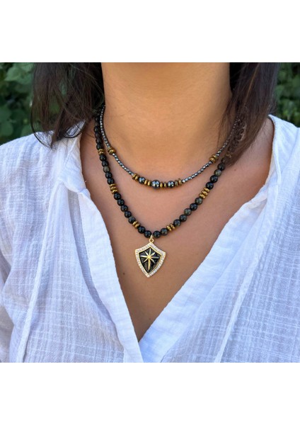 Oniks Doğal Taş Çelik Uçlu Hematit Taşlı El Yapımı Özel Tasarım Ikili Doğaltaş Kolye Kombin