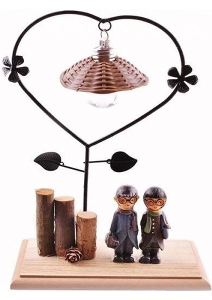 Pilli Işıklı Romantik Çift Tema Büyük Boy Dekoratif Ahşap Biblo