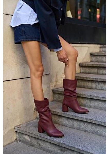 Bordo Kadın Büzgü Detaylı Topuklu Kadın Çizme fiyatları