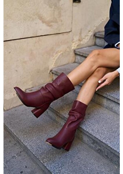 Bordo Kadın Büzgü Detaylı Topuklu Kadın Çizme modelleri