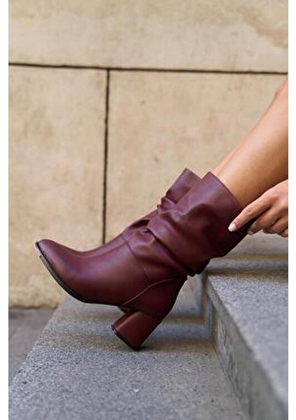 Bordo Kadın Büzgü Detaylı Topuklu Kadın Çizme indirimleri