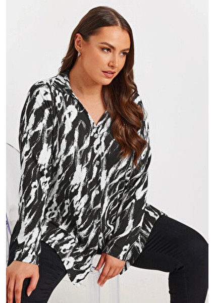 Büyük Beden V Yaka Uzun Kollu Kadın Gömlek Soyut Desenli Esnek Tasarım
