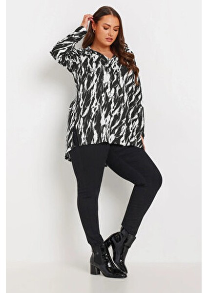 Büyük Beden V Yaka Uzun Kollu Kadın Gömlek Soyut Desenli Esnek Tasarım fırsatları