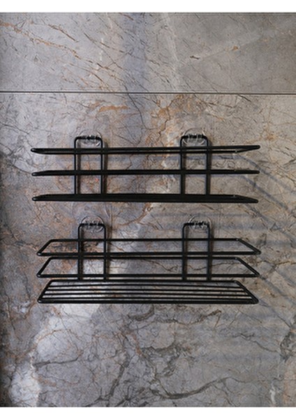 Siyah Yapışkanlı Çok Amaçlı Banyo Düzenleyici Rafı Duş Organizeri Mutfak Rafı 2 Adet