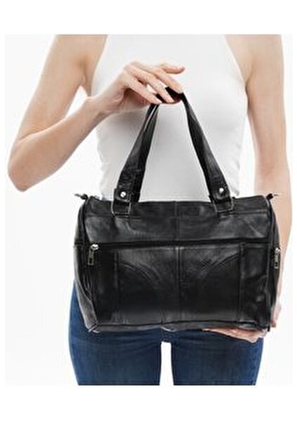 Kadın Siyah Hakiki Deri Lüks Kol ve Omuz Askılı Çapraz Postacı Çok Gözlü Çanta