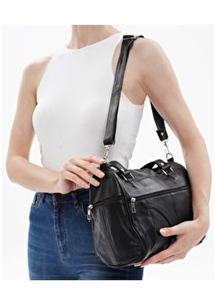 Kadın Siyah Hakiki Deri Lüks Kol ve Omuz Askılı Çapraz Postacı Çok Gözlü Çanta fiyatları