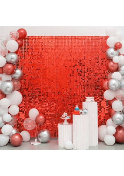 Kırmızı Renk Dikdörtgen Kesim Parlak Sim Görünümlü Fon Perde Dekor 1x2 Metre (5263)