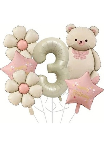 Retro Krem Renk Ayı Papatya Folyo Yaş Balon Set