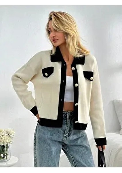 Kadın Polo Yaka Cep Detaylı Triko Hırka