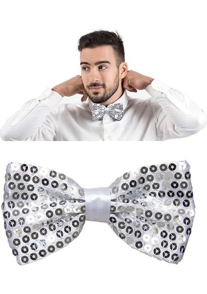 Gece Işıltısı Gümüş Payetli Pullu Papyon 7x2 cm (5263) fırsatları