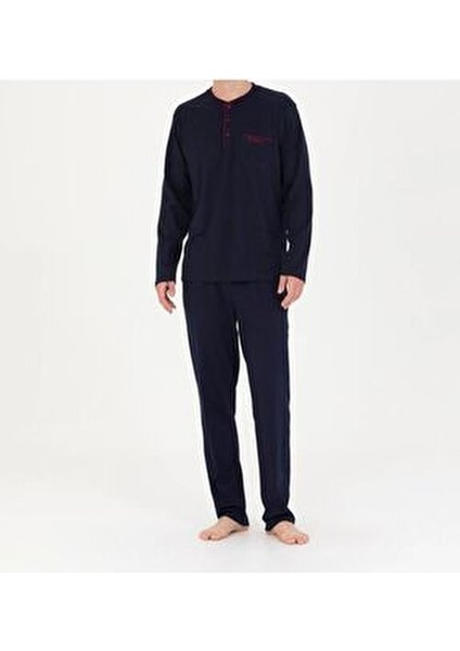 Pamuklu Pijama Takımı Erkek Düğmeli Yaka Uzun Kol Düz Desen 4'lü Set Lacivert fiyatları