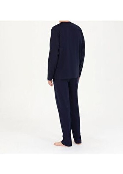 Pamuklu Pijama Takımı Erkek Düğmeli Yaka Uzun Kol Düz Desen 4'lü Set Lacivert indirimleri
