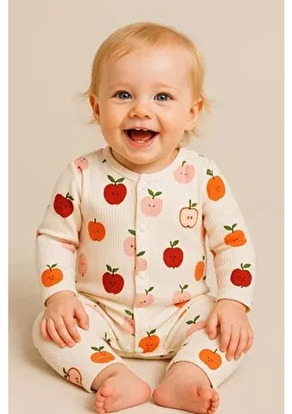 Yenidoğan Bebek Elma Baskılı Çıtçıtlı Bebek Tulumu %100 Pamuk Esnek 1-3-6 Aylık Unısex
