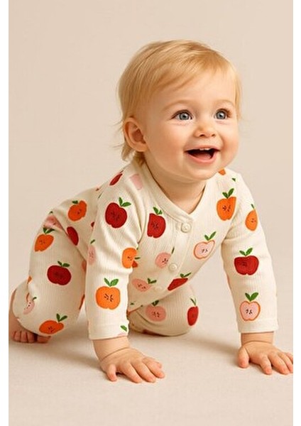 Yenidoğan Bebek Elma Baskılı Çıtçıtlı Bebek Tulumu %100 Pamuk Esnek 1-3-6 Aylık Unısex fiyatları
