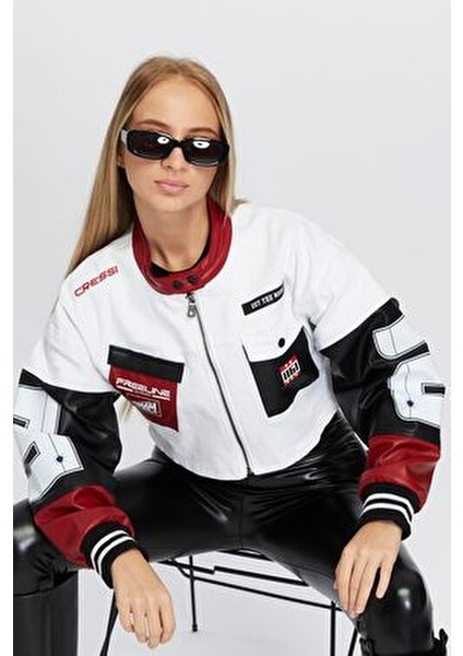 Kadın Oversize Kot Ceket Kolları Deri Garnili Fermuarlı Motorcu Montu Baskılı Yarışçı Kolej Ceket