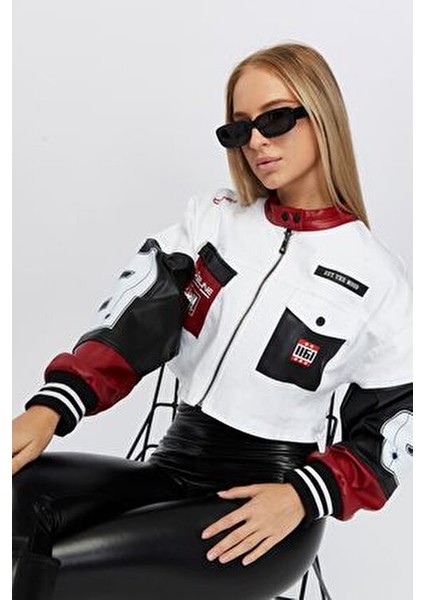 Kadın Oversize Kot Ceket Kolları Deri Garnili Fermuarlı Motorcu Montu Baskılı Yarışçı Kolej Ceket fırsatları