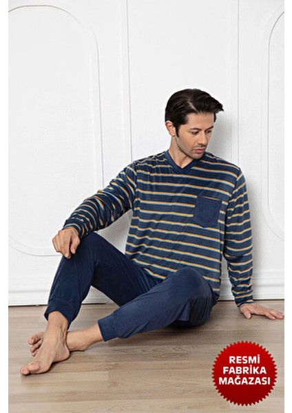 Lacivert Yatay Çizgili Erkek Kadife Pijama Takımı Bisiklet Yaka Uzun Kollu - 13017 - Aydogan ®