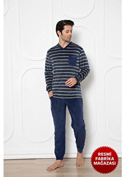 Lacivert Yatay Çizgili Erkek Kadife Pijama Takımı Bisiklet Yaka Uzun Kollu - 13017 - Aydogan ® fiyatları