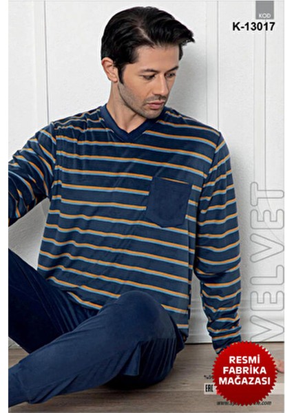 Lacivert Yatay Çizgili Erkek Kadife Pijama Takımı Bisiklet Yaka Uzun Kollu - 13017 - Aydogan ® modelleri