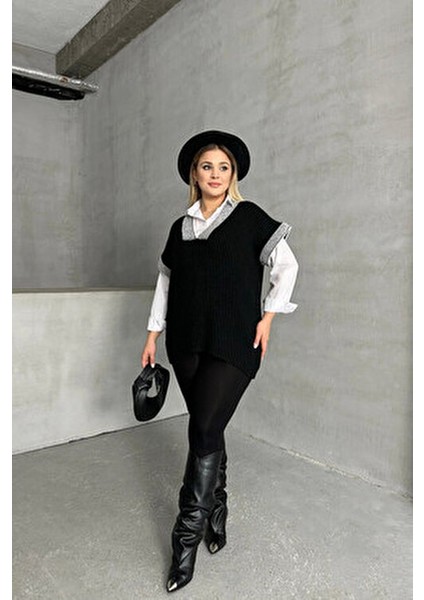 Erkekler İçin Büyük Beden V Yaka Kısa Kollu Triko Süveter Modern Stil Siyah