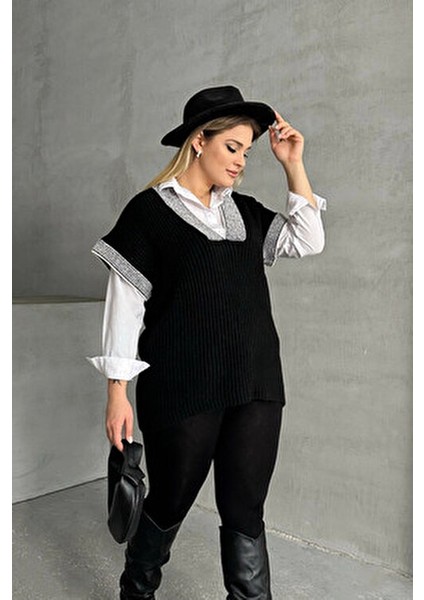 Erkekler İçin Büyük Beden V Yaka Kısa Kollu Triko Süveter Modern Stil Siyah modelleri