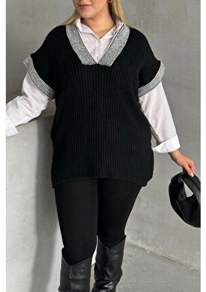 Erkekler İçin Büyük Beden V Yaka Kısa Kollu Triko Süveter Modern Stil Siyah fırsatları