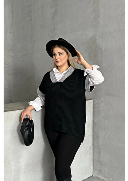 Erkekler İçin Büyük Beden V Yaka Kısa Kollu Triko Süveter Modern Stil Siyah indirimleri