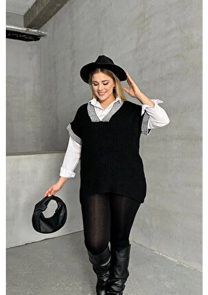 Erkekler İçin Büyük Beden V Yaka Kısa Kollu Triko Süveter Modern Stil Siyah