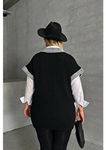 Erkekler İçin Büyük Beden V Yaka Kısa Kollu Triko Süveter Modern Stil Siyah