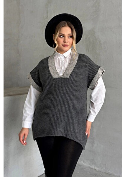 Büyük Beden V Yaka Kısa Kollu Triko Süveter Şık Tasarım ve Rahat Kullanım