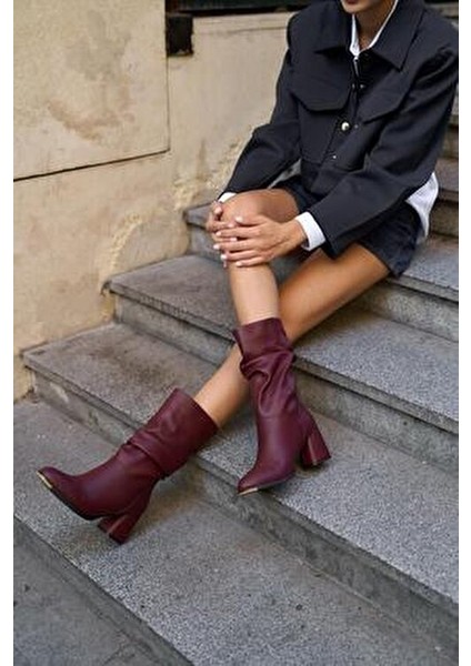 Bordo Kadın Büzgü Detaylı Topuklu Kadın Çizme fırsatları
