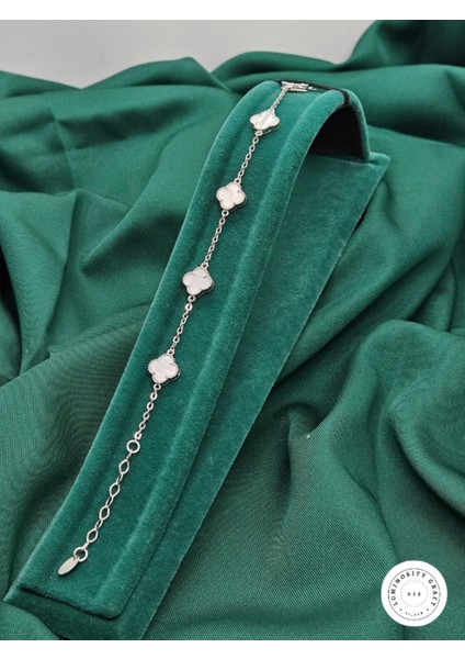 925 Ayar Gümüş Erkek ve Kadın Yonca Model Beyaz Doğal Taşlı Bileklik 9.5mm - Van