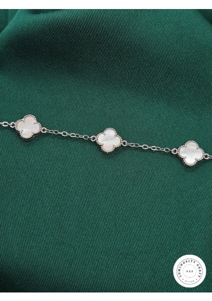 925 Ayar Gümüş Erkek ve Kadın Yonca Model Beyaz Doğal Taşlı Bileklik 9.5mm - Van modelleri