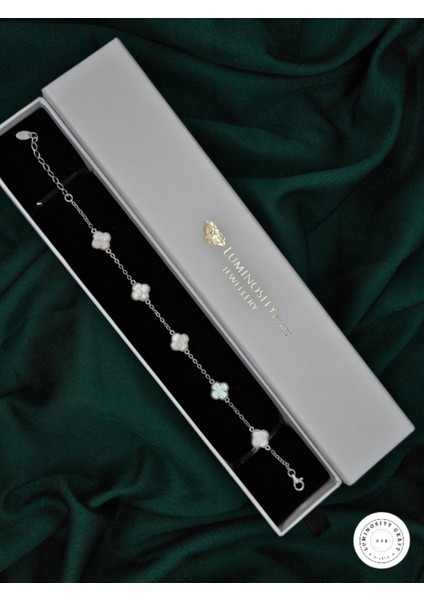 925 Ayar Gümüş Erkek ve Kadın Yonca Model Beyaz Doğal Taşlı Bileklik 9.5mm - Van indirimleri