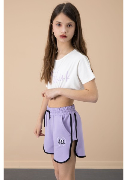Lila Yanları Yırtmaçlı Çiçek Baskılı Beli Lastikli Kız Çocuk Şort 20737
