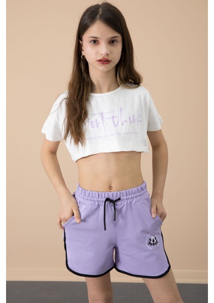 Lila Yanları Yırtmaçlı Çiçek Baskılı Beli Lastikli Kız Çocuk Şort 20737 fiyatları