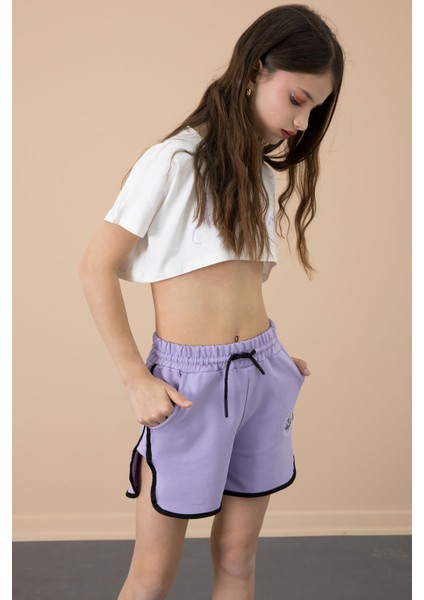 Lila Yanları Yırtmaçlı Çiçek Baskılı Beli Lastikli Kız Çocuk Şort 20737 modelleri