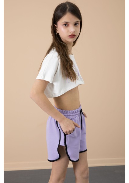 Lila Yanları Yırtmaçlı Çiçek Baskılı Beli Lastikli Kız Çocuk Şort 20737 fırsatları