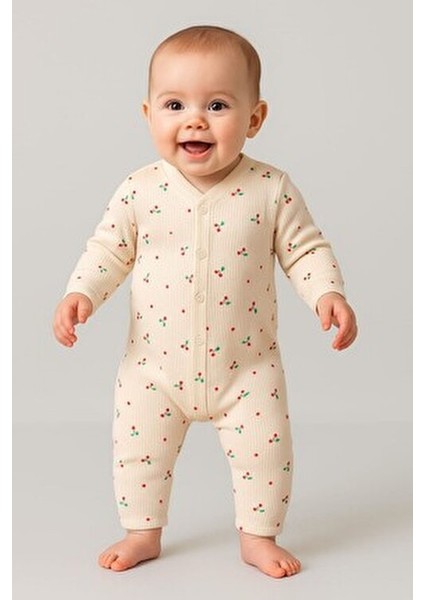 Kız Bebek Kirazlı Baskılı Çıtçıtlı Yenidoğan Bebek Tulumu %100 Pamuk Esnek 1-3-6 Aylık