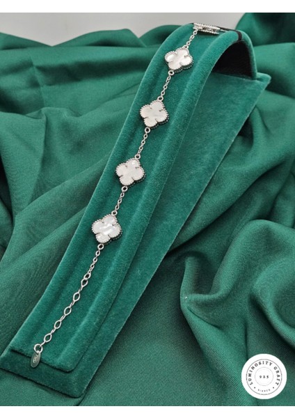 925 Ayar Gümüş Erkek ve Kadın Yonca Model Beyaz Doğal Taşlı Bileklik - Van