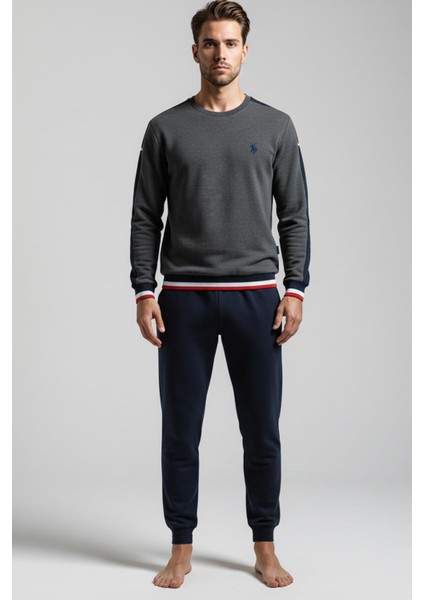 Erkek Uzun Kollu Antrasit Şerit Detaylı Lastikli Paça Pijama Takım C1T3N981