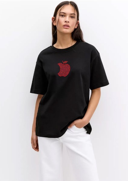 -Kadın Stras Apple Taş Baskılı Kısa Kollu Tshırt Pamuklu Oversize