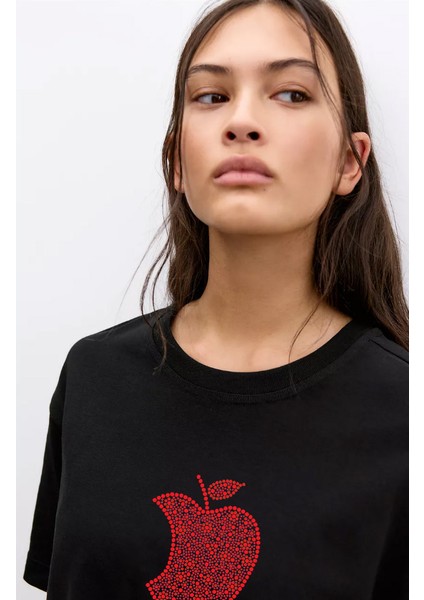 -Kadın Stras Apple Taş Baskılı Kısa Kollu Tshırt Pamuklu Oversize fiyatları
