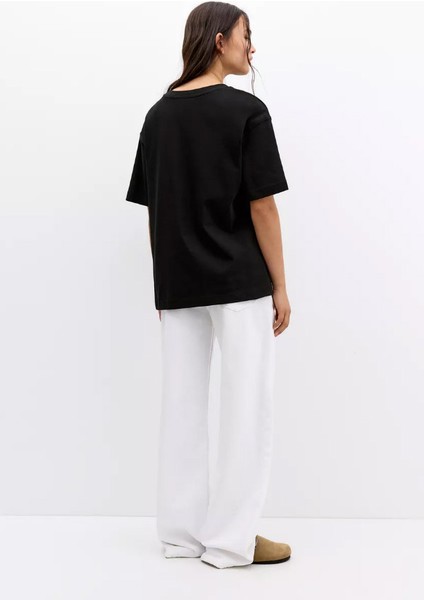 -Kadın Stras Apple Taş Baskılı Kısa Kollu Tshırt Pamuklu Oversize modelleri