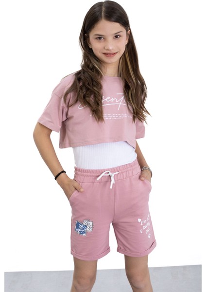 Koyu Pembe Patili Cute Baskılı Kız Çocuk Beli Lastikli Şort 20758