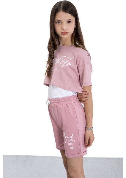 Koyu Pembe Patili Cute Baskılı Kız Çocuk Beli Lastikli Şort 20758 modelleri