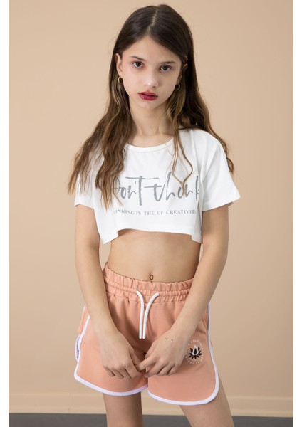 Somon Yanları Yırtmaçlı Çiçek Baskılı Beli Lastikli Kız Çocuk Şort 20742