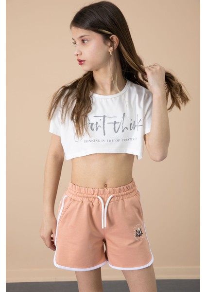 Somon Yanları Yırtmaçlı Çiçek Baskılı Beli Lastikli Kız Çocuk Şort 20742 modelleri