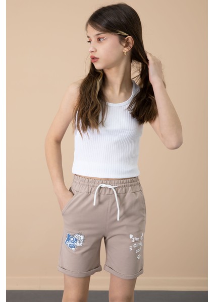 Kahve Patili Cute Baskılı Kız Çocuk Beli Lastikli Şort 20729
