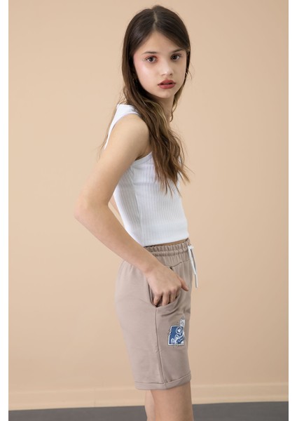 Kahve Patili Cute Baskılı Kız Çocuk Beli Lastikli Şort 20729 fiyatları